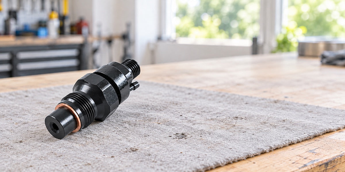 Fuel injector on a bright service bench; editorial composite from a product reference.
