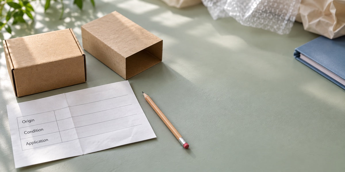 Packaging and a worksheet separating origin, condition and application; illustrative receiving scene.