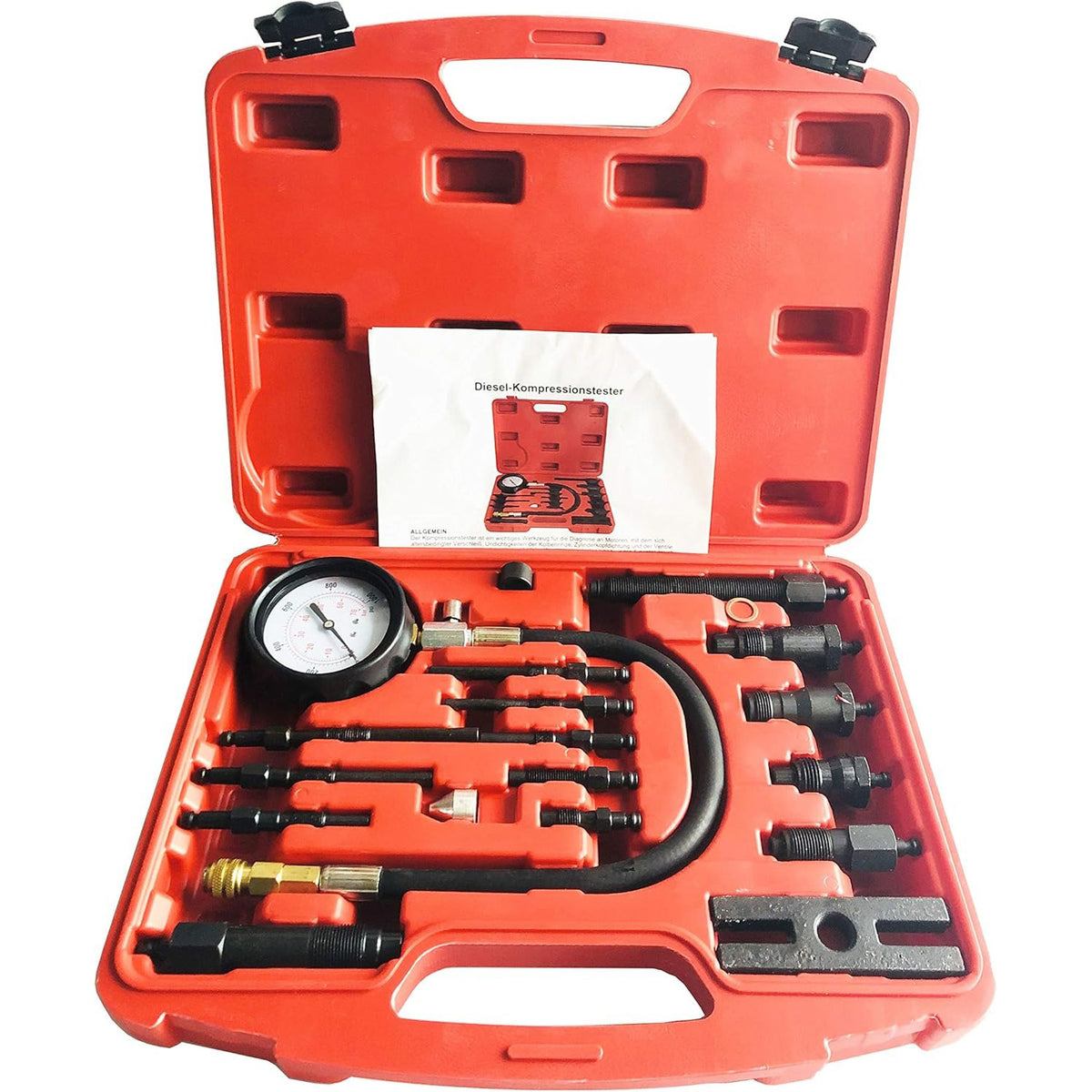 16 Pieces Professional Diesel Engine Cylinder Compression Tester Tool Kit TU-15B Full Range Detection Pressure Gauge Set for Vehicle - KUDUPARTS