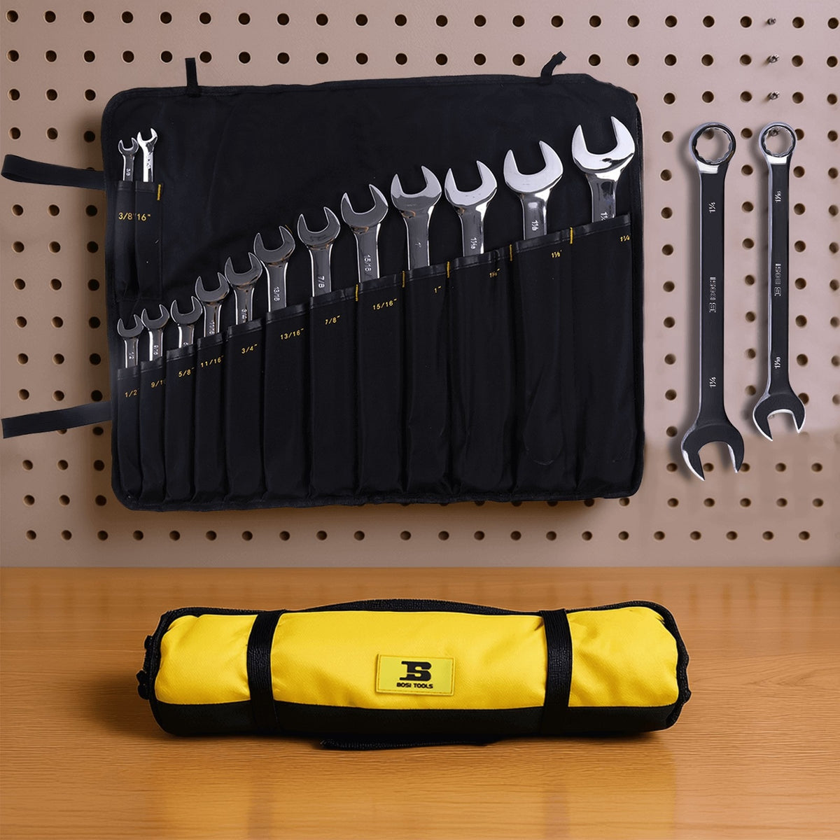 14 Pieces SAE Combination Wrench Set (3/8" to 1-1/4") with Roll-Up Storage Pouch - KUDUPARTS