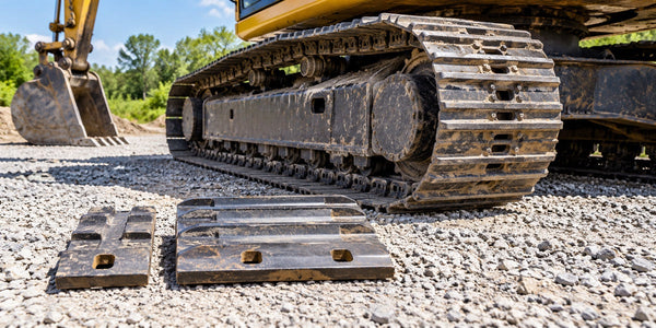 Excavator undercarriage and two track shoes on a sunlit gravel service pad.