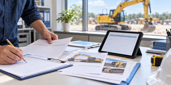 Service coordinator organizing a blank equipment worksheet and tablet form beside a bright window overlooking a parked excavator