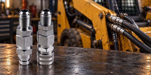 Two hydraulic quick couplers on a steel workbench beside a blurred construction equipment hydraulic service scene