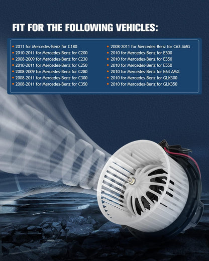 HVAC AC Heater Blower Motor with Fan Cage, Front – Compatible with 2011 Mercedes-Benz C180, 2010–2011 C200, 2008–2009 C230