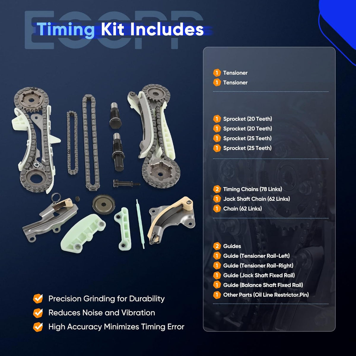 Engine Timing Chain Kit for Ford Explorer Sport (2001-2011) & Ford Ranger – OE 1L2Z-6L266-AA, 2L2Z-6306-AA – Includes Jack Shaft Chain, Sprocket, Tensioner & Guide - KUDUPARTS