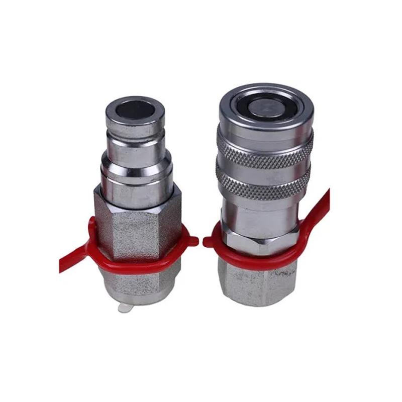Flat Face Hydraulic Couplers/Quick Connect Couplings Set with Dust Caps 3/8" NPT x 1/2" Body - KUDUPARTS