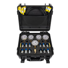 Kit de prueba y calibración de presión hidráulica de 10/100/250/400/600 bar, 150/1500/4000/6000/9000 PSI con 5 manómetros, 14 acoplamientos de prueba, 14 conectores en T y 5 mangueras de prueba.
