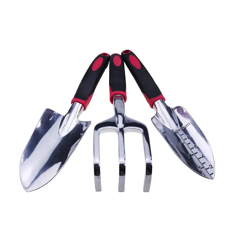 Red 3 Pcs Aluminum Gardening Tool Set With TPR Rubber Non-Slip Handles for Gardening
